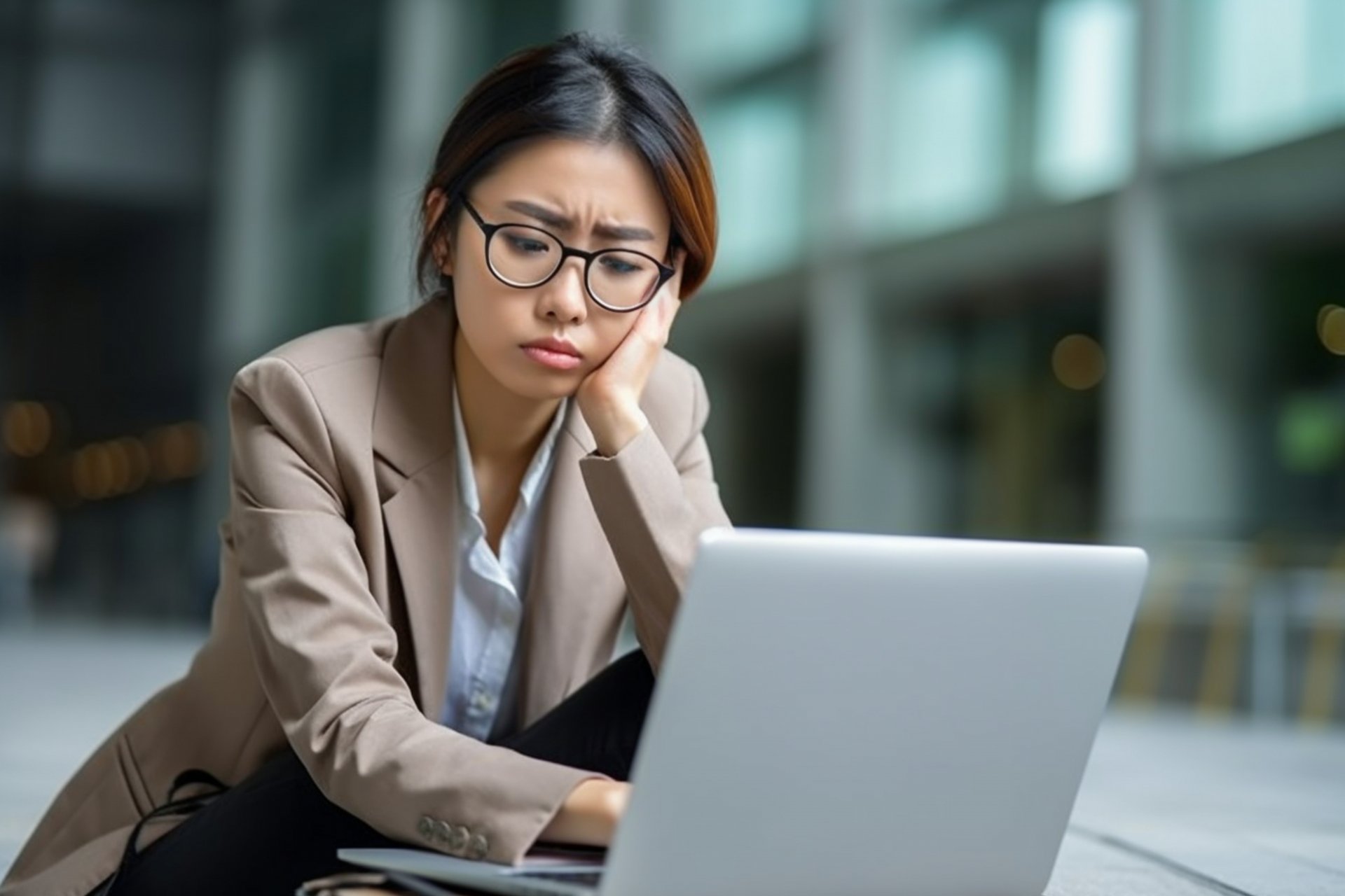 サジェスト対策の効果測定を試みたものの難しくて困っている墓石会社の社員のイメージ