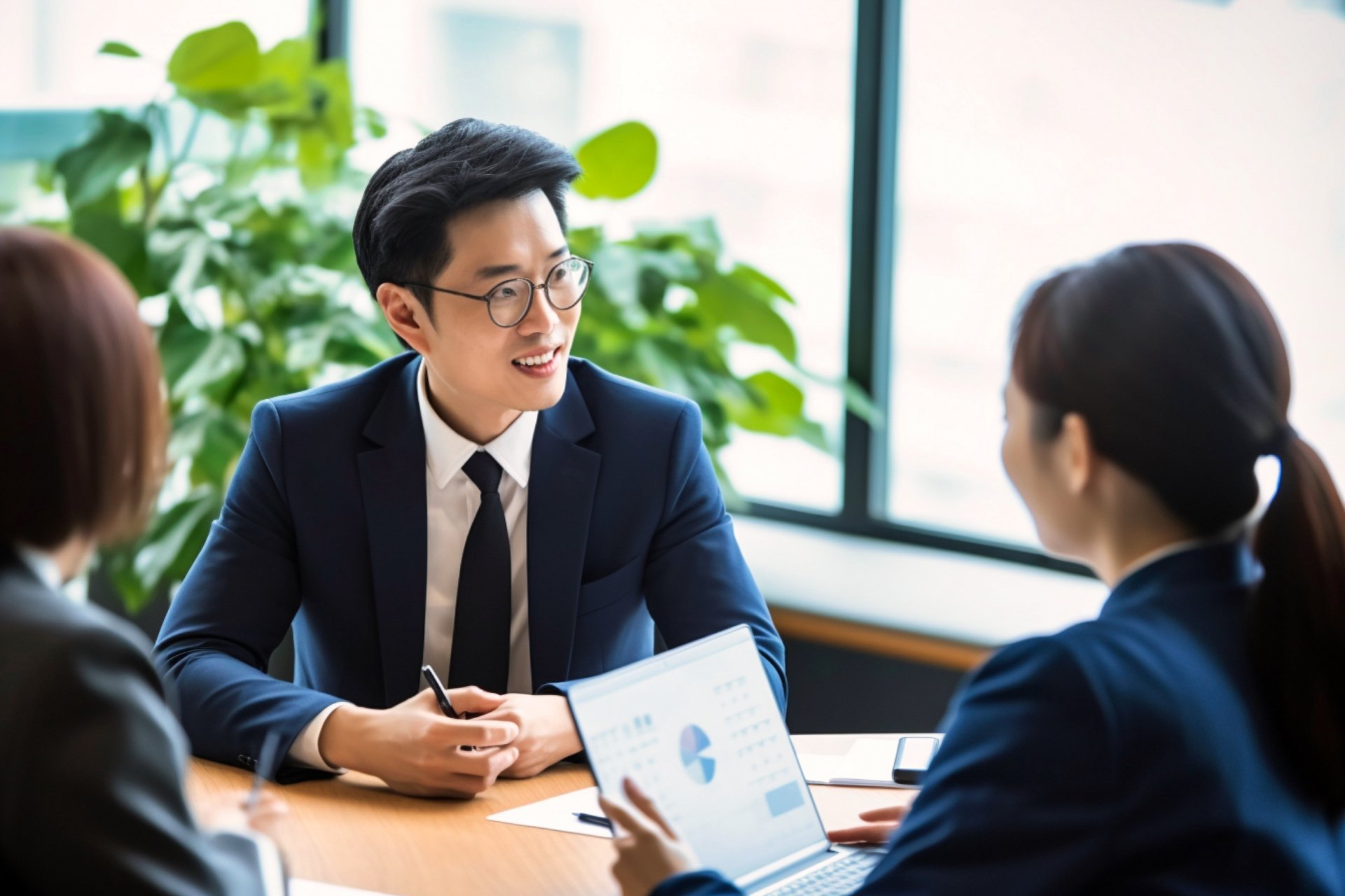 業者にサジェスト対策を相談する墓石会社社員のイメージ