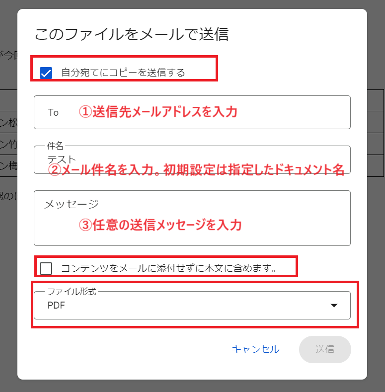 メールで送信時の入力内容