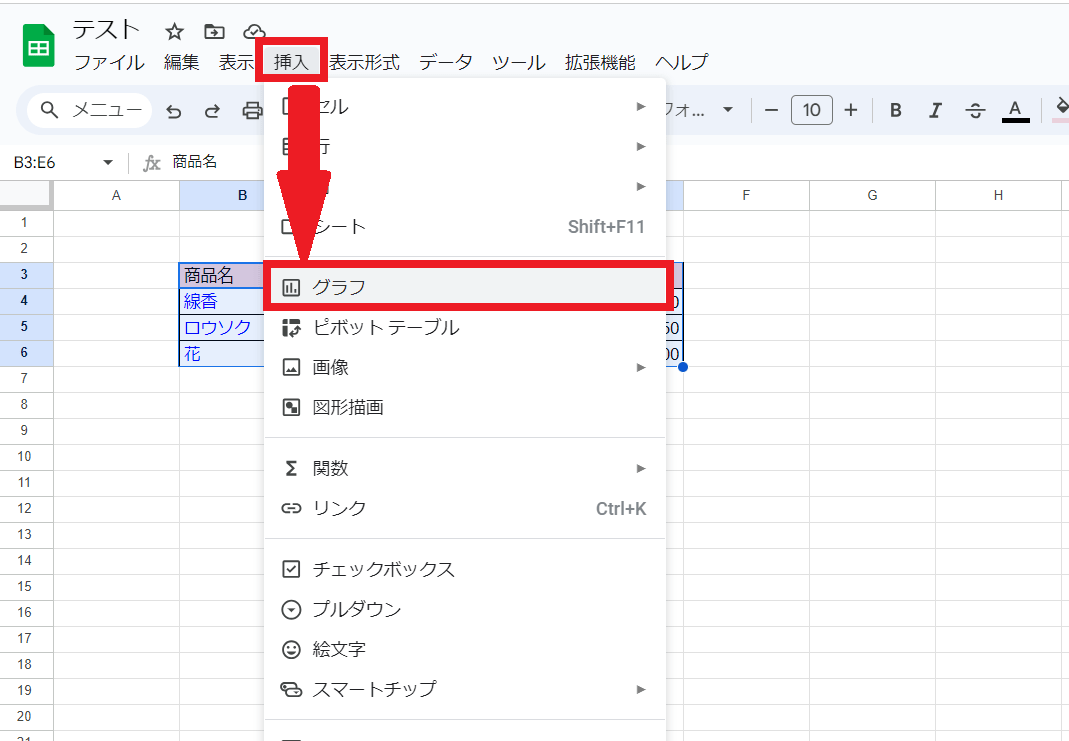 「挿入」→「グラフ」をクリックするだけで任意のグラフに変換