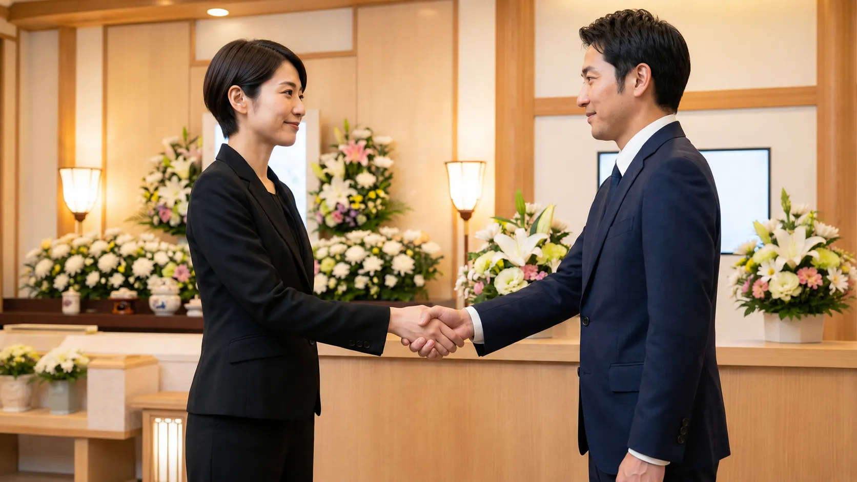 葬儀式場の受付で、担当者とご遺族が握手を交わす様子