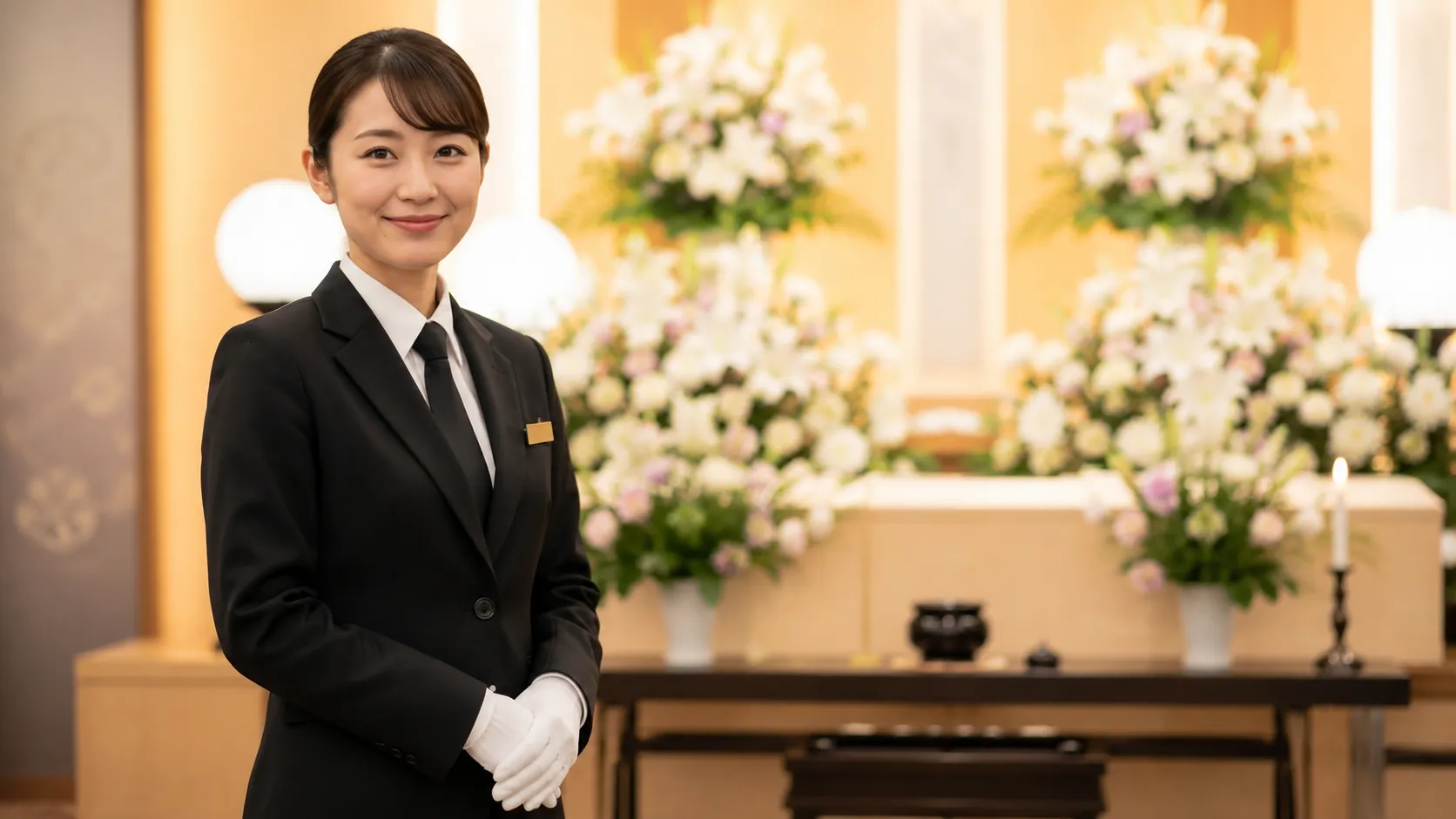 祭壇の前で来館者を迎える葬儀社のスタッフ