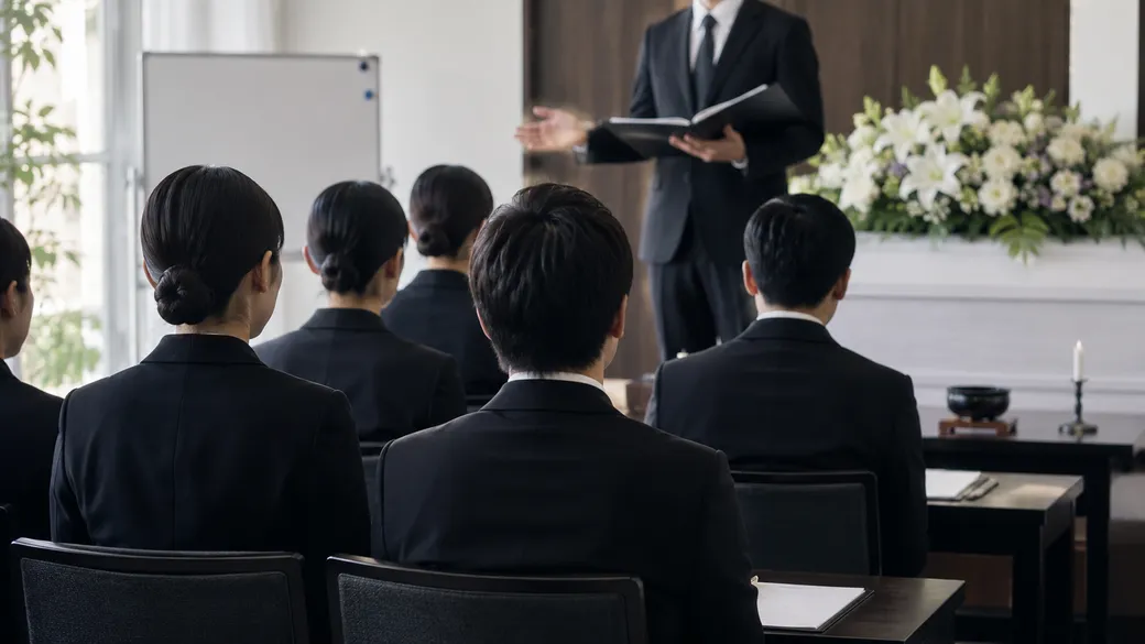 葬儀社の社内で行われている研修の様子